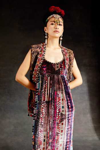 Shop_Aseem Kapoor_Multi Color Velvet Beads, Zari, Tassels Ruhi Embroidered Sleeveless Jacket _Online_at_Aza_Fashions