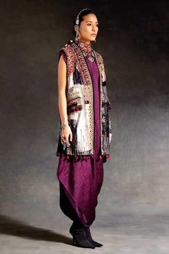 Aseem Kapoor_Multi Color Velvet Embroidery, Beads, Zari, Mirrors, Ruhi Sleeveless Jacket _Online_at_Aza_Fashions