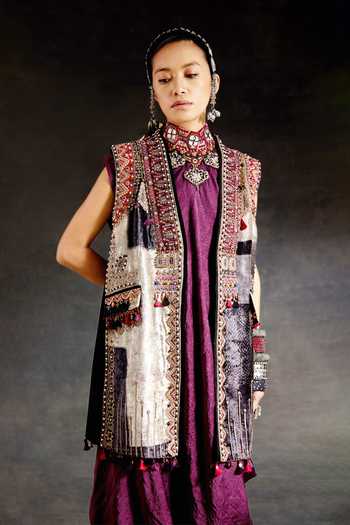 Shop_Aseem Kapoor_Multi Color Velvet Embroidery, Beads, Zari, Mirrors, Ruhi Sleeveless Jacket _Online_at_Aza_Fashions