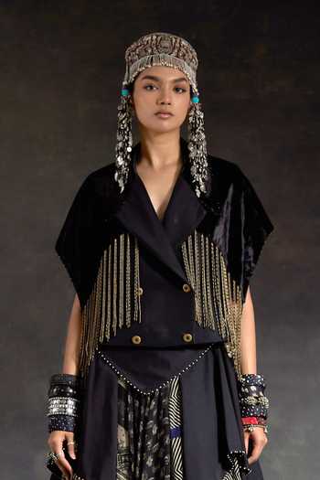 Aseem Kapoor_Black Crepe, Velvet, Silk Beads, Zoa Taselled Cropped Trench And Skirt Set _Online_at_Aza_Fashions