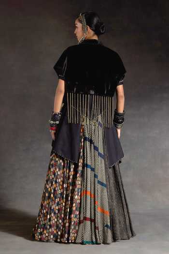 Shop_Aseem Kapoor_Black Crepe, Velvet, Silk Beads, Zoa Taselled Cropped Trench And Skirt Set _at_Aza_Fashions