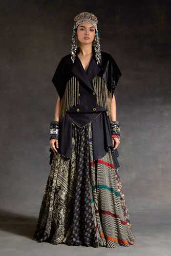 Buy_Aseem Kapoor_Black Crepe, Velvet, Silk Beads, Zoa Taselled Cropped Trench And Skirt Set _Online_at_Aza_Fashions