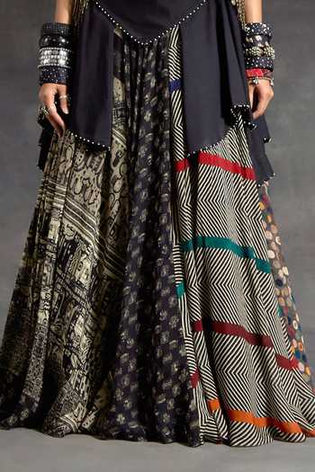 Shop_Aseem Kapoor_Black Crepe, Velvet, Silk Beads, Zoa Taselled Cropped Trench And Skirt Set _Online_at_Aza_Fashions