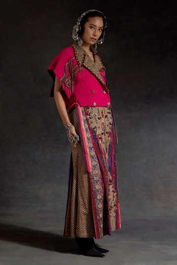 Aseem Kapoor_Pink Crepe, Twill Beads, Zari, Tassels Zoa Taselled Trench Jacket And Skirt Set _Online_at_Aza_Fashions