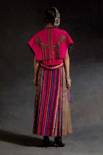 Shop_Aseem Kapoor_Pink Crepe, Twill Beads, Zari, Tassels Zoa Taselled Trench Jacket And Skirt Set _at_Aza_Fashions
