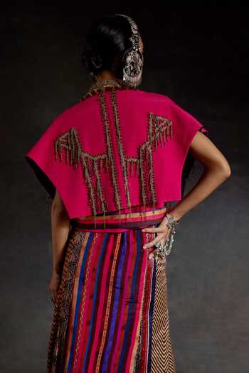 Shop_Aseem Kapoor_Pink Crepe, Twill Beads, Zari, Tassels Zoa Taselled Trench Jacket And Skirt Set _Online_at_Aza_Fashions
