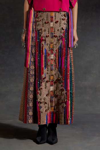 Aseem Kapoor_Pink Crepe, Twill Beads, Zari, Tassels Zoa Taselled Trench Jacket And Skirt Set _at_Aza_Fashions