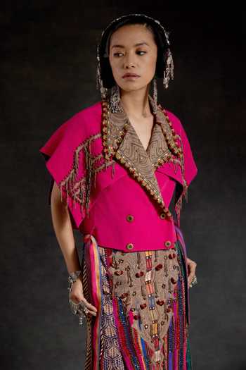 Buy_Aseem Kapoor_Pink Crepe, Twill Beads, Zari, Tassels Zoa Taselled Trench Jacket And Skirt Set 