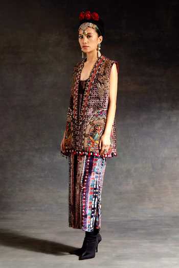Aseem Kapoor_Multi Color Velvet Embroidery, Beads, Zari Scoop Neck Ruhi Jacket And Dress Set _Online_at_Aza_Fashions