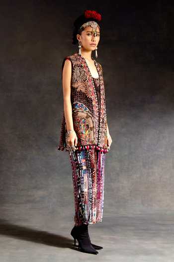 Buy_Aseem Kapoor_Multi Color Velvet Embroidery, Beads, Zari Scoop Neck Ruhi Jacket And Dress Set _Online_at_Aza_Fashions