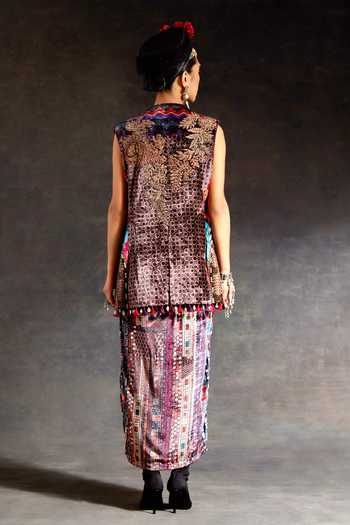 Shop_Aseem Kapoor_Multi Color Velvet Embroidery, Beads, Zari Scoop Neck Ruhi Jacket And Dress Set _at_Aza_Fashions