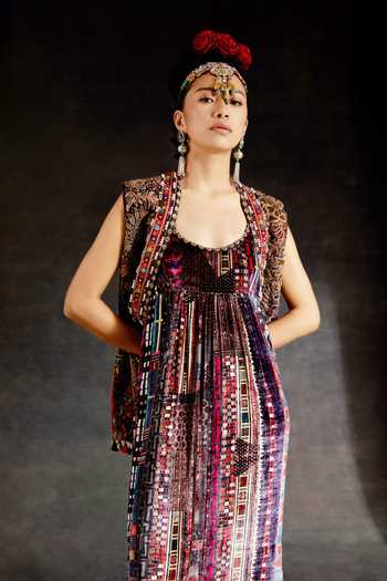 Shop_Aseem Kapoor_Multi Color Velvet Embroidery, Beads, Zari Scoop Neck Ruhi Jacket And Dress Set _Online_at_Aza_Fashions