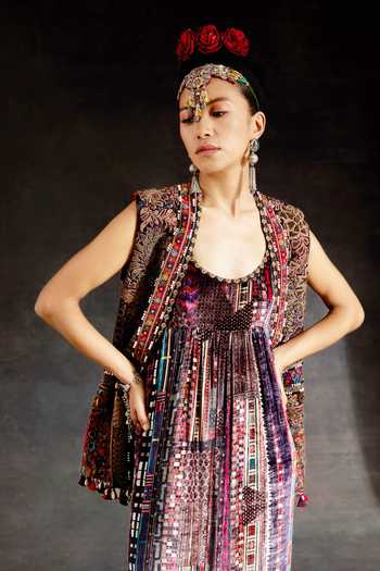 Aseem Kapoor_Multi Color Velvet Embroidery, Beads, Zari Scoop Neck Ruhi Jacket And Dress Set _at_Aza_Fashions