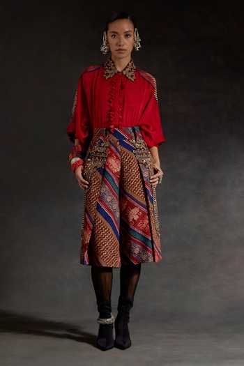 Buy_Aseem Kapoor_Red Silk, Twill Embroidery, Zari, Mandala Printed Shirt And Culotte Shorts Set _at_Aza_Fashions