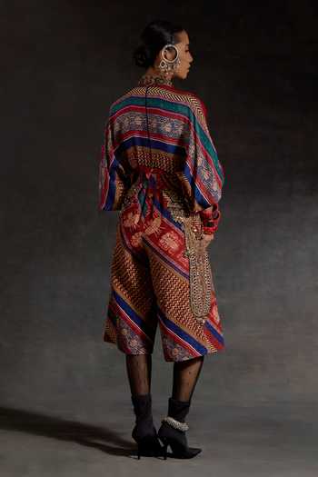 Shop_Aseem Kapoor_Red Silk, Twill Embroidery, Zari, Mandala Printed Shirt And Culotte Shorts Set _at_Aza_Fashions