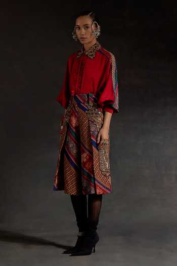 Buy_Aseem Kapoor_Red Silk, Twill Embroidery, Zari, Mandala Printed Shirt And Culotte Shorts Set 