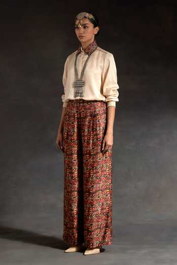 Shop_Aseem Kapoor_Multi Color Silk Embroidery, Beads, Hina Printed Trench Coat With Trouser Set _Online_at_Aza_Fashions