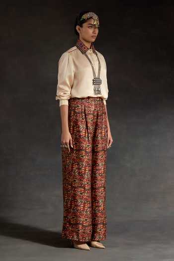 Aseem Kapoor_Multi Color Silk Embroidery, Beads, Hina Printed Trench Coat With Trouser Set _at_Aza_Fashions