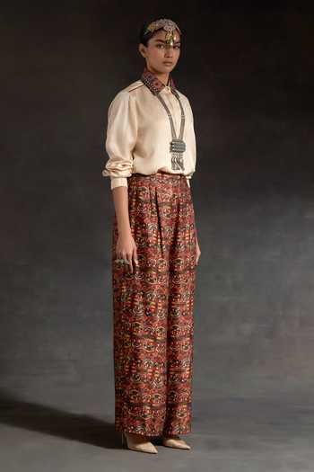 Buy_Aseem Kapoor_Multi Color Silk Embroidery, Beads, Hina Printed Trench Coat With Trouser Set 