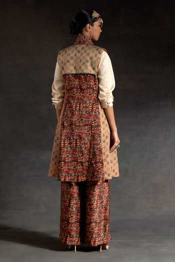 Shop_Aseem Kapoor_Multi Color Silk Embroidery, Beads, Hina Printed Trench Coat With Trouser Set _at_Aza_Fashions