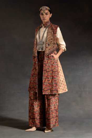 Buy_Aseem Kapoor_Multi Color Silk Embroidery, Beads, Hina Printed Trench Coat With Trouser Set _at_Aza_Fashions