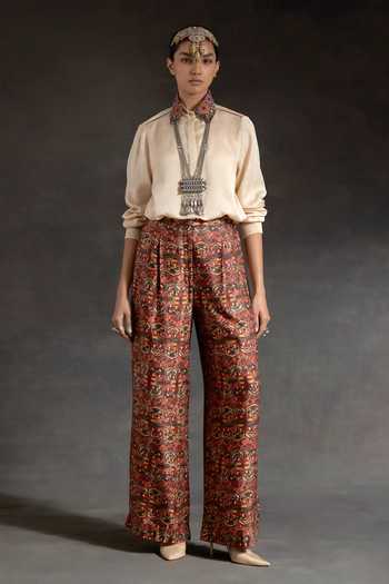 Shop_Aseem Kapoor_Multi Color Silk Embroidery, Beads, Hina Printed Trench Coat With Trouser Set 