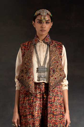 Aseem Kapoor_Multi Color Silk Embroidery, Beads, Hina Printed Trench Coat With Trouser Set _Online