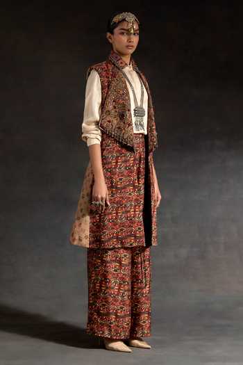 Buy_Aseem Kapoor_Multi Color Silk Embroidery, Beads, Hina Printed Trench Coat With Trouser Set _Online