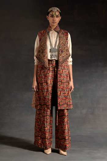 Shop_Aseem Kapoor_Multi Color Silk Embroidery, Beads, Hina Printed Trench Coat With Trouser Set _Online