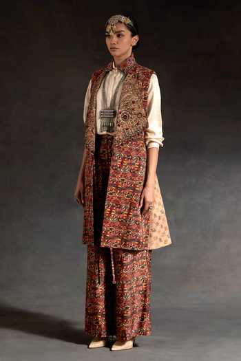 Aseem Kapoor_Multi Color Silk Embroidery, Beads, Hina Printed Trench Coat With Trouser Set 