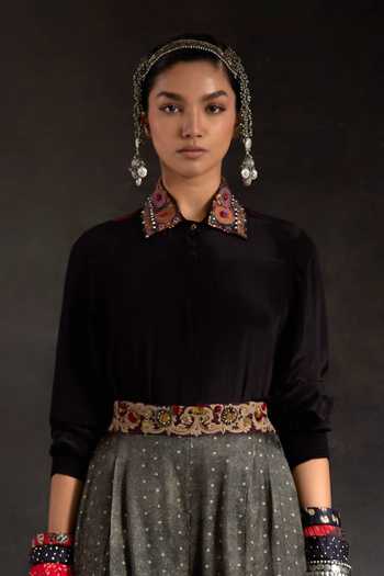 Aseem Kapoor_Multi Color Twill, Crepe Embroidery, Hina Printed Trench Coat And Trouser Set _Online_at_Aza_Fashions