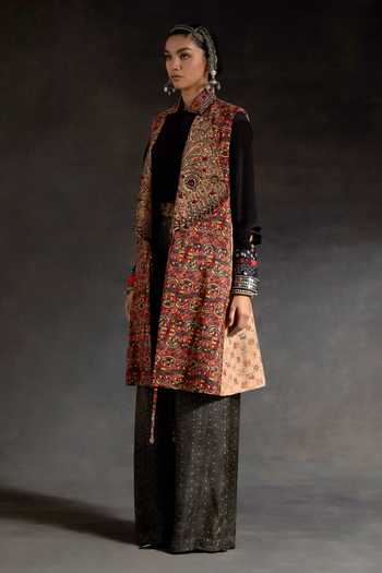 Aseem Kapoor_Multi Color Twill, Crepe Embroidery, Hina Printed Trench Coat And Trouser Set _at_Aza_Fashions
