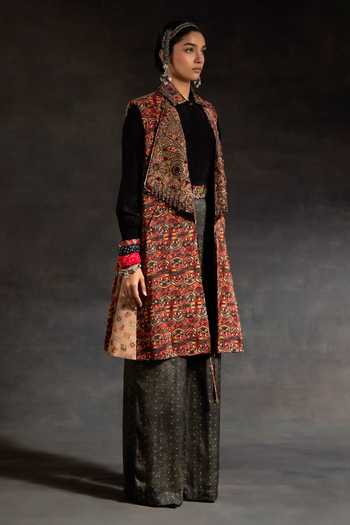 Buy_Aseem Kapoor_Multi Color Twill, Crepe Embroidery, Hina Printed Trench Coat And Trouser Set 