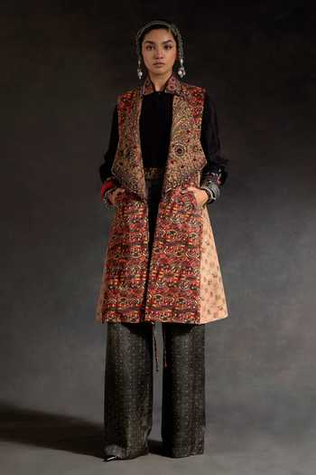 Buy_Aseem Kapoor_Multi Color Twill, Crepe Embroidery, Hina Printed Trench Coat And Trouser Set _at_Aza_Fashions