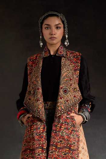 Shop_Aseem Kapoor_Multi Color Twill, Crepe Embroidery, Hina Printed Trench Coat And Trouser Set 