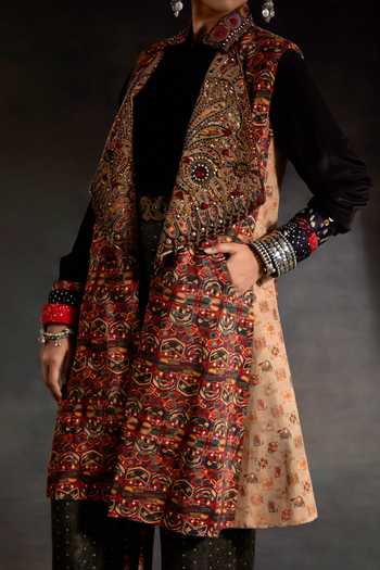 Buy_Aseem Kapoor_Multi Color Twill, Crepe Embroidery, Hina Printed Trench Coat And Trouser Set _Online