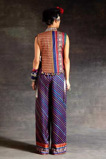 Shop_Aseem Kapoor_Green Silk, Cotton, Crepe, Twill Embroidery, Zuri Tribal Gilet Trouser Set _at_Aza_Fashions