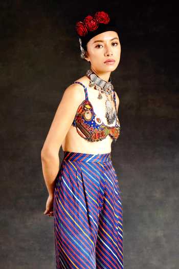 Buy_Aseem Kapoor_Green Silk, Cotton, Crepe, Twill Embroidery, Zuri Tribal Gilet Trouser Set 