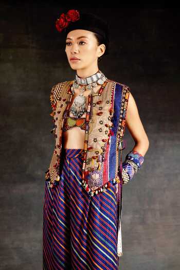 Shop_Aseem Kapoor_Green Silk, Cotton, Crepe, Twill Embroidery, Zuri Tribal Gilet Trouser Set 