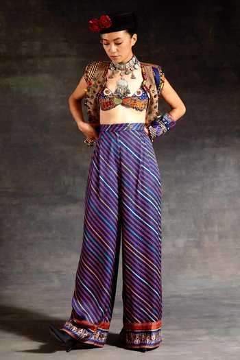 Buy_Aseem Kapoor_Green Silk, Cotton, Crepe, Twill Embroidery, Zuri Tribal Gilet Trouser Set _at_Aza_Fashions