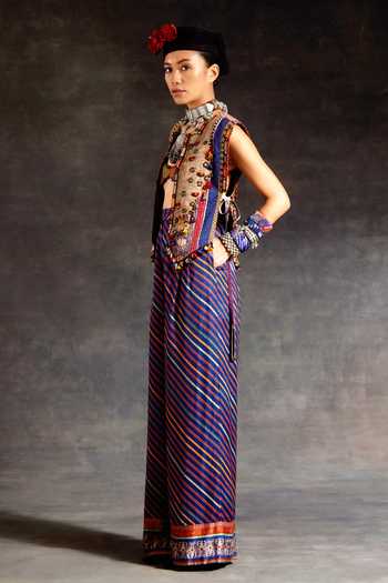 Buy_Aseem Kapoor_Green Silk, Cotton, Crepe, Twill Embroidery, Zuri Tribal Gilet Trouser Set _Online