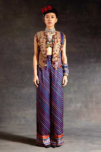 Shop_Aseem Kapoor_Green Silk, Cotton, Crepe, Twill Embroidery, Zuri Tribal Gilet Trouser Set _Online