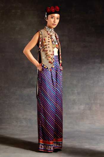 Aseem Kapoor_Green Silk, Cotton, Crepe, Twill Embroidery, Zuri Tribal Gilet Trouser Set 