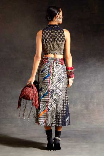 Shop_Aseem Kapoor_Black Silk, Cotton, Twill, Corduroy Beads, Alya Embroidered Blouse And Skirt Set _at_Aza_Fashions