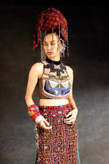 Aseem Kapoor_Black Silk, Cotton, Twill, Corduroy Beads, Alya Embroidered Blouse And Skirt Set _Online