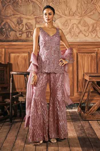 Buy_Show Shaa_Pink Organza, Net Sequins, Cut Work, Tassels, Astrid Kurta Palazzo Set _at_Aza_Fashions
