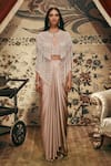 Buy_Roqa_Beige Net, Satin, Modal Sequins, Pearls Lucinda Tassel Cape And Skirt Set _at_Aza_Fashions