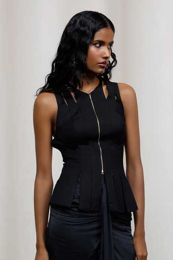 Buy_Advait_Black Suiting High Neck Kuro Shredded Top _at_Aza_Fashions