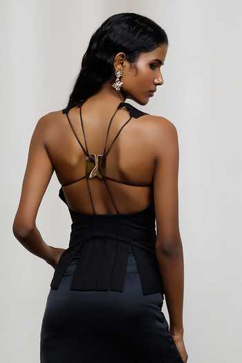 Shop_Advait_Black Suiting High Neck Kuro Shredded Top _at_Aza_Fashions