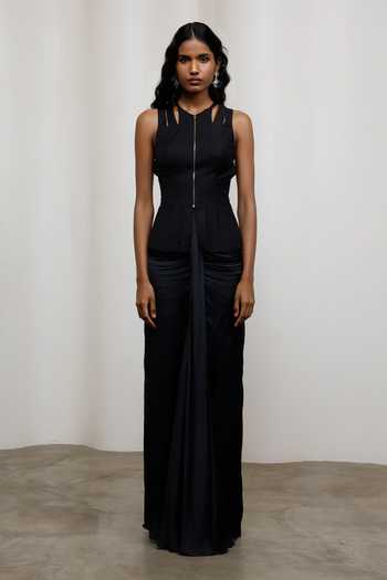 Shop_Advait_Black Suiting High Neck Kuro Shredded Top _Online_at_Aza_Fashions